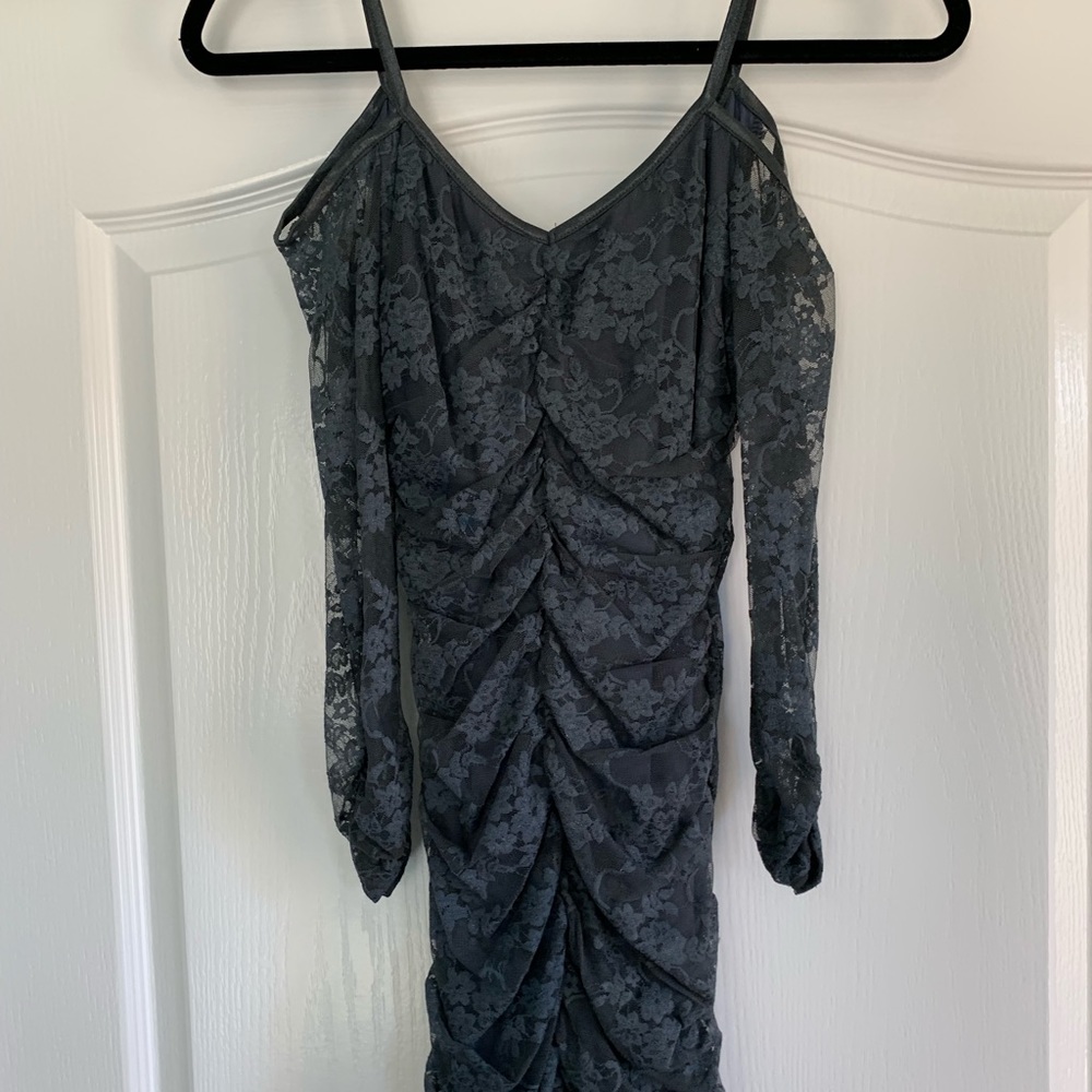 Blue lace body con dress knee length